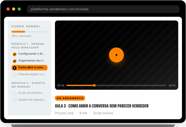 Preview da plataforma de aulas do Vende+ com módulos, progresso e player de vídeo