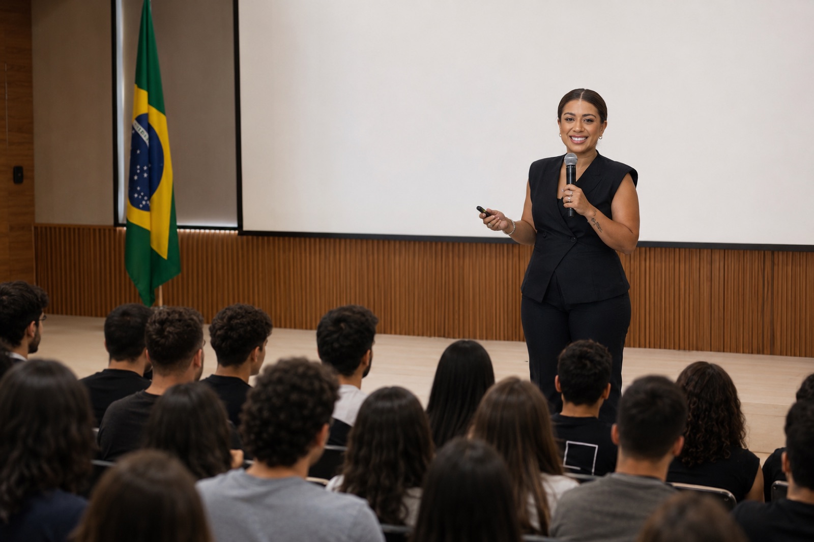 Palestrante apresentando para plateia em auditório